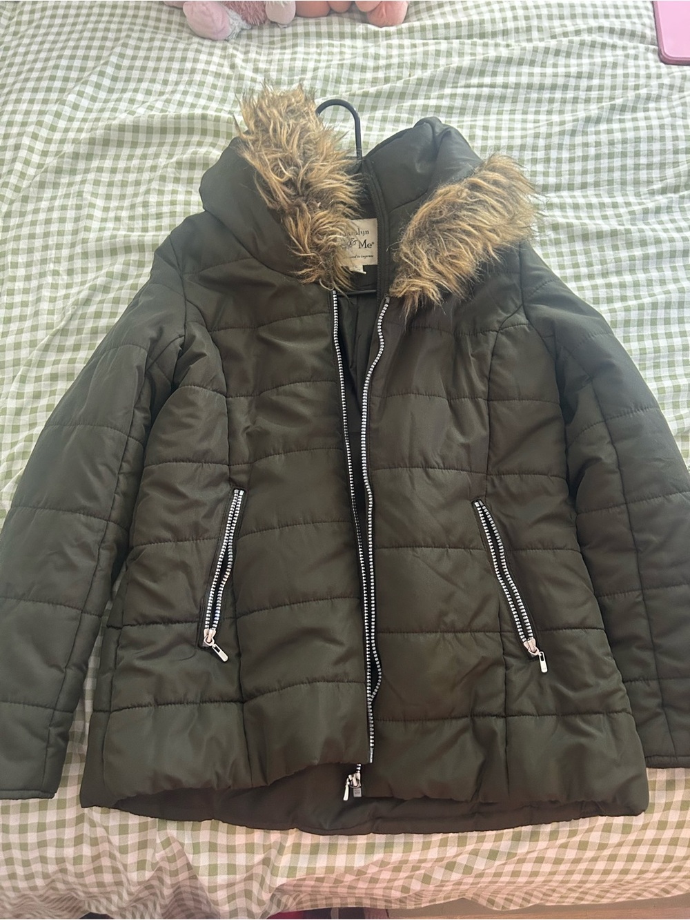 Women’s Olive Green Puffer Jacket with Faux Fur Hood